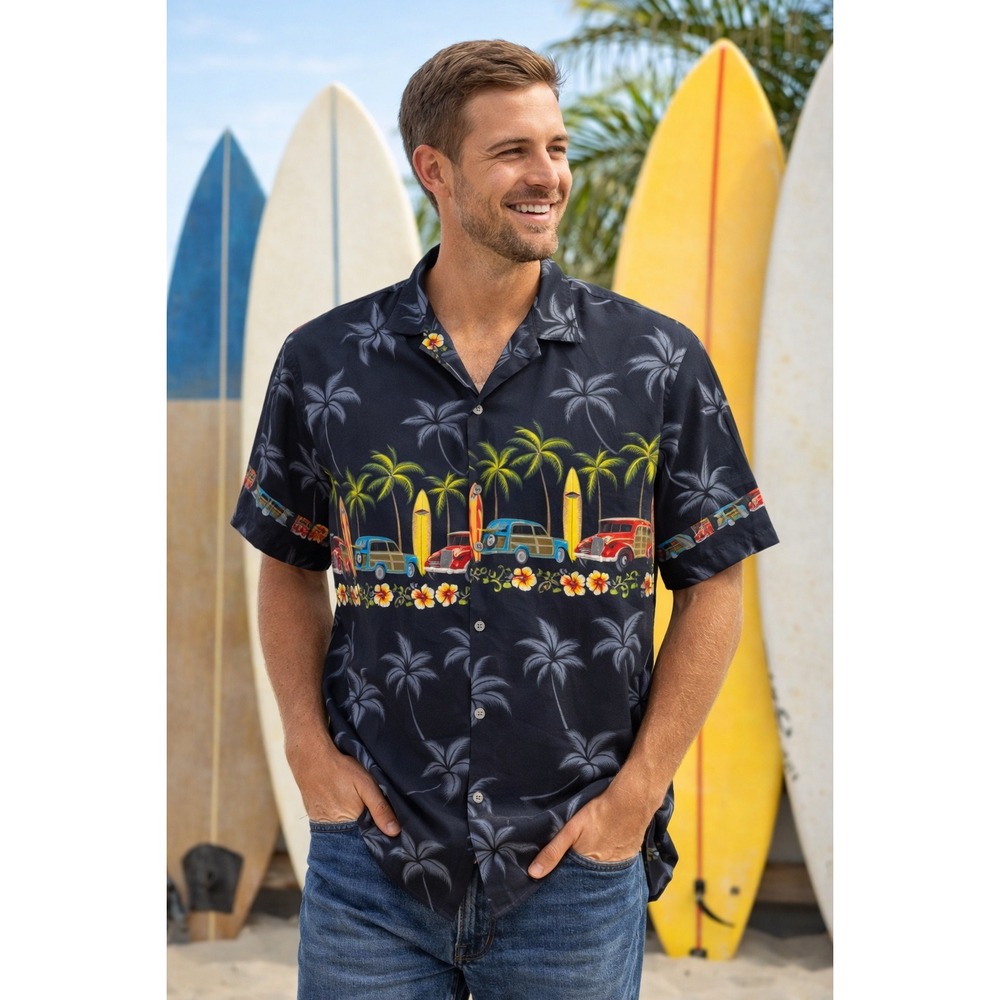 Pacific Legend Hawaiian Shirt Mens 3XL Black Woody Car Surfboard Tropical Cotton